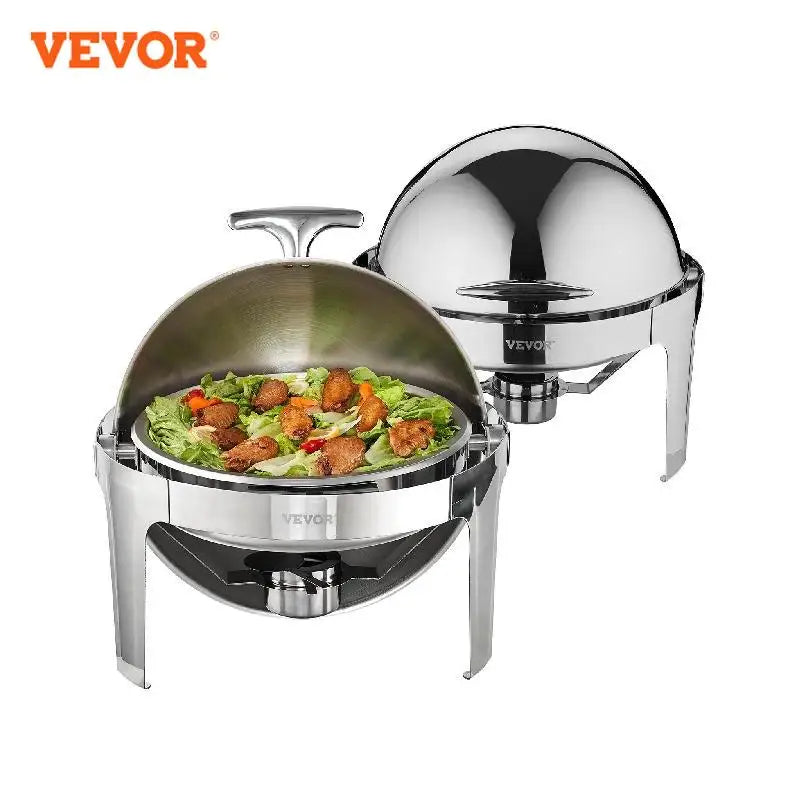 VEVOR Roll Top Chafing Dish Buffet Set 6 Qt 2 Pack Stainless Steel Chafer with 2 Full Size Pans Round Catering Warmer Server