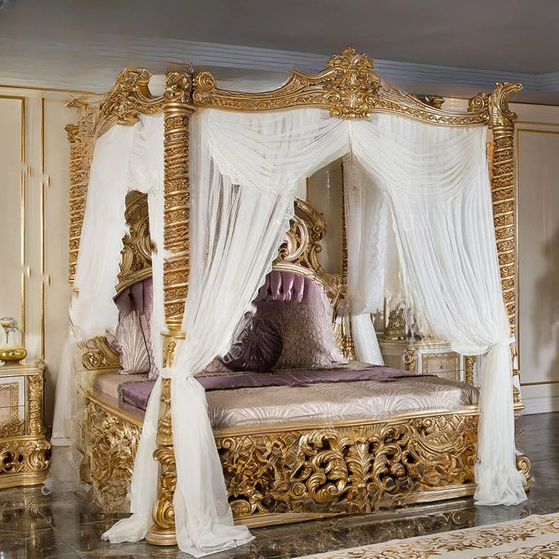 French Palace Bed – Luxury European Solid Wood, Carved, 1.8m Large, Villa and Wedding Use