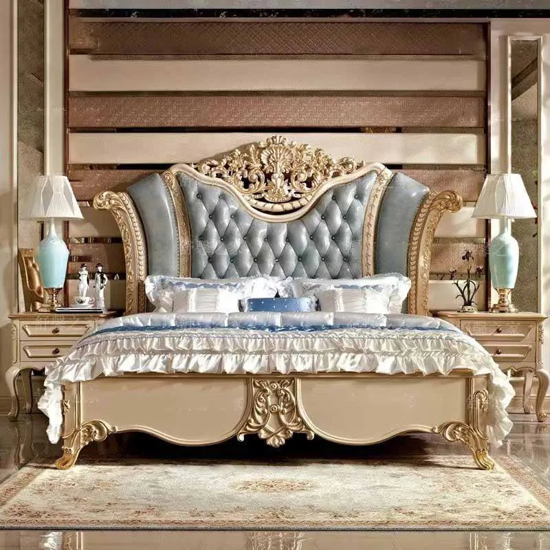 Solid wood carved double bed, European style leather princess bed, Italian villa high-end customized 1.8-meter wedding bed