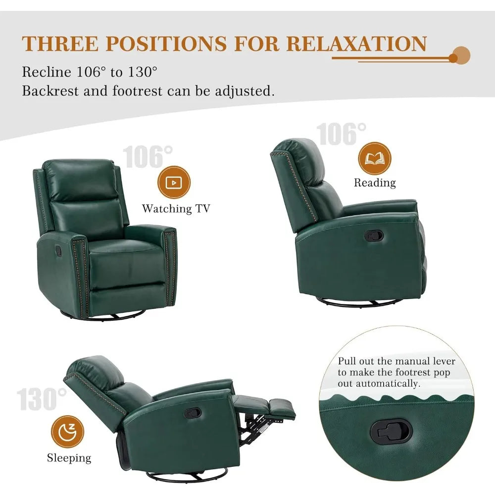 Modern home theater lounge leather swivel arm lounge chair, manual glider lounge chair with adjustable backrest and footstool