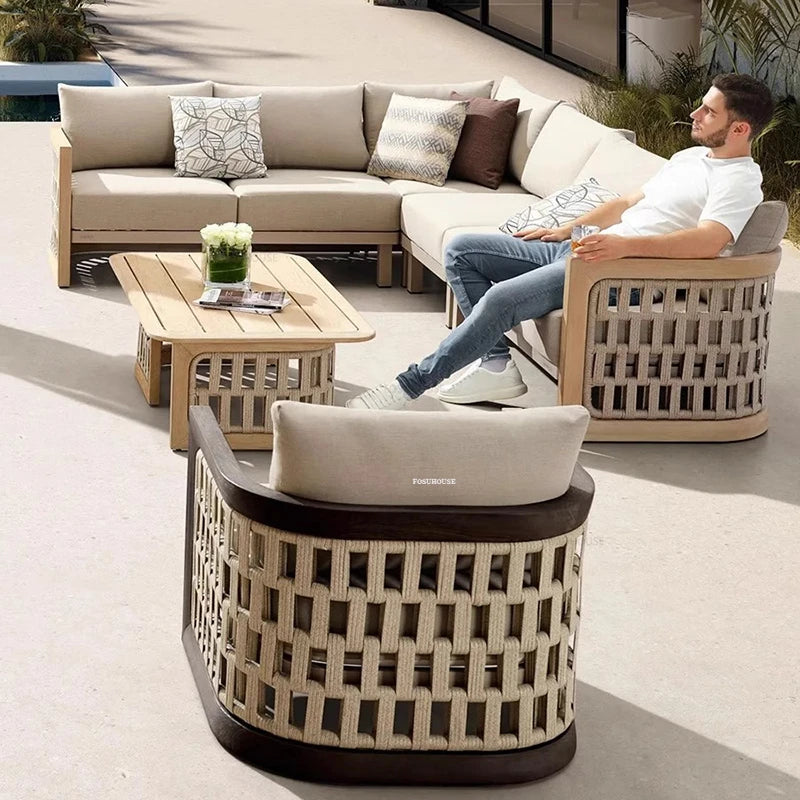 Patio Leisure Lounge Chair Luxury Teak Outdoor Sofas Nordic Garden Furniture Balcony Open-air Villa Rope Outdoor Dining Chairs
