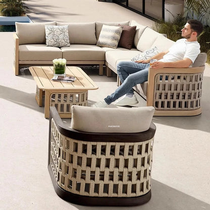 Patio Leisure Lounge Chair Luxury Teak Outdoor Sofas Nordic Garden Furniture Balcony Open-air Villa Rope Outdoor Dining Chairs