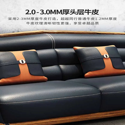New Chinese style genuine leather art sofa, solid wood, modern and simple high-end living room, large unit villa 124 combination