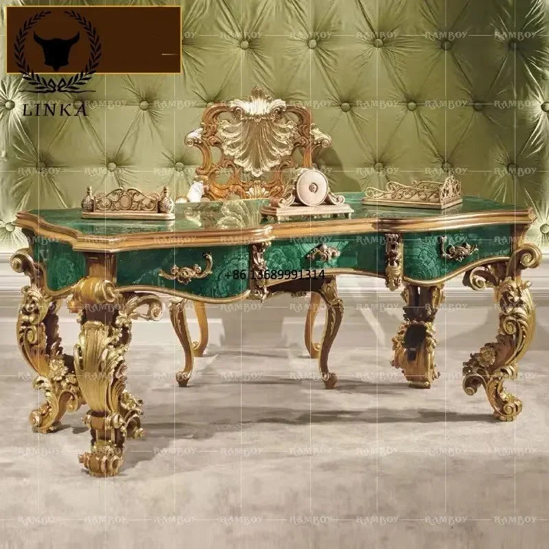 European-style solid wood gold foil Italy luxury carved computer home desk green desk