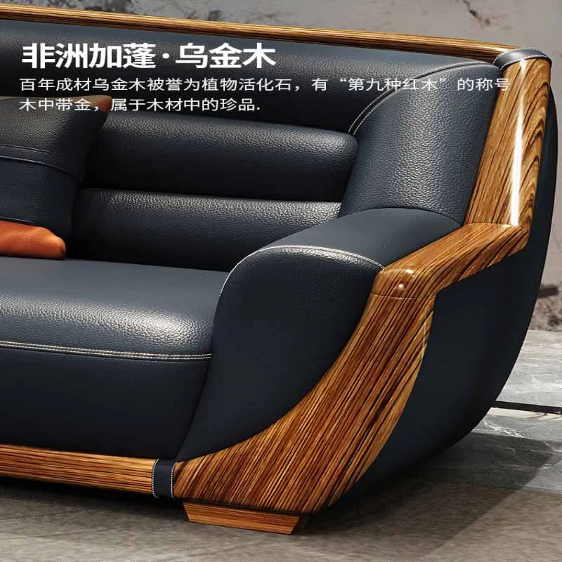New Chinese style genuine leather art sofa, solid wood, modern and simple high-end living room, large unit villa 124 combination