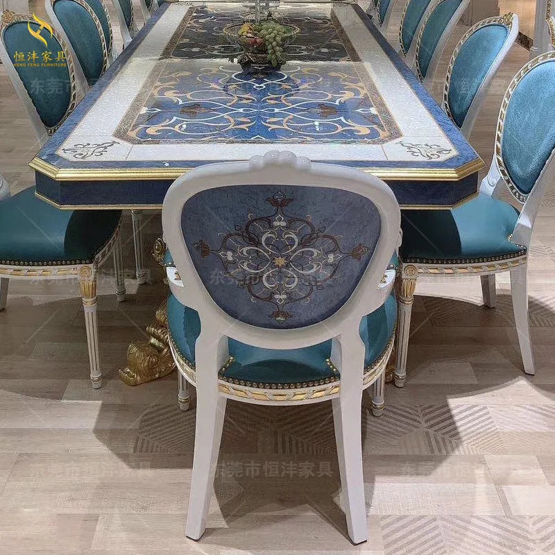 Italian shell-encrusted dining table and chair set French luxury solid wood gold and silver foil carved rectangular table
