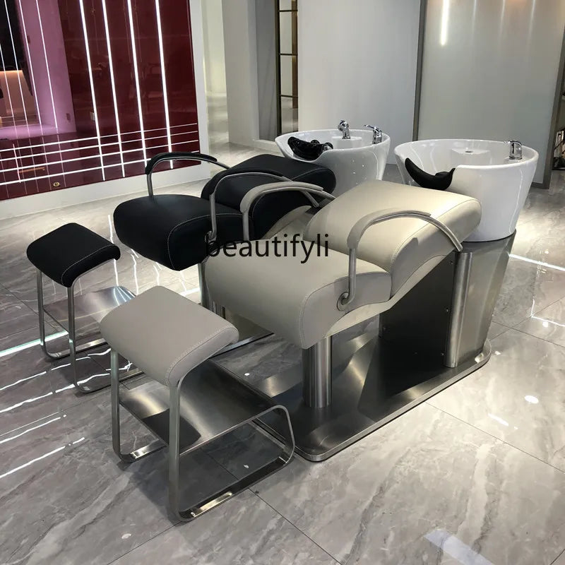 Hair Salon Lying Half Shampoo Flushing Bed for Hair Salon Barber Shop Stainless Steel Ceramic Basin