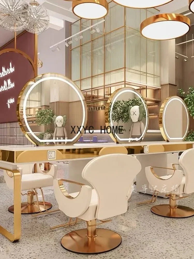 Stainless Steel Titanium-Plated Barber Shop with Light Single Double Four Sides Dressing Table