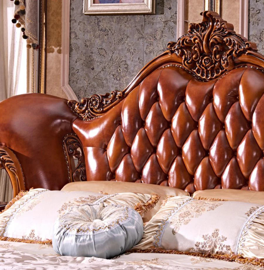 ProCARE Classical european style carved leather bed set,Luxury bedroom furniture wooden bed frame king size