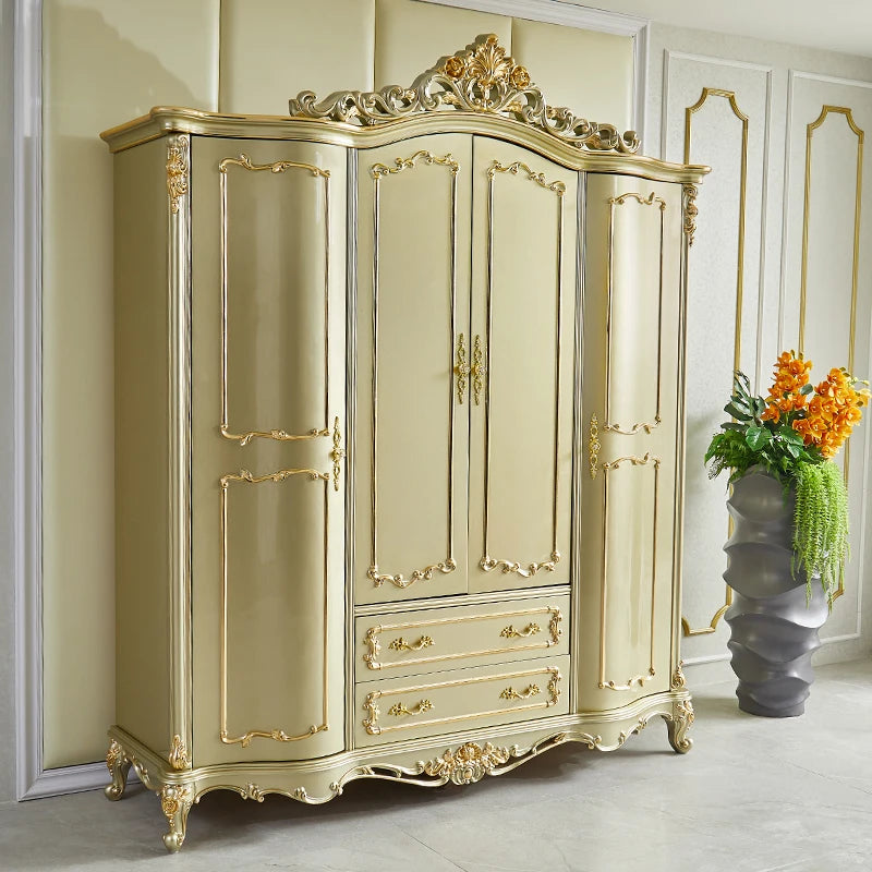 European Style Wardrobe – Solid Wood Carved, Gold Finish, Four Doors, American Villa Design