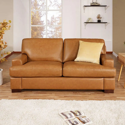 Siggy Genuine Leather Sofa Set of 3 Luxurious Comfort Goose Feather Cushion Filling Square Arm Design Sturdy Block Legs