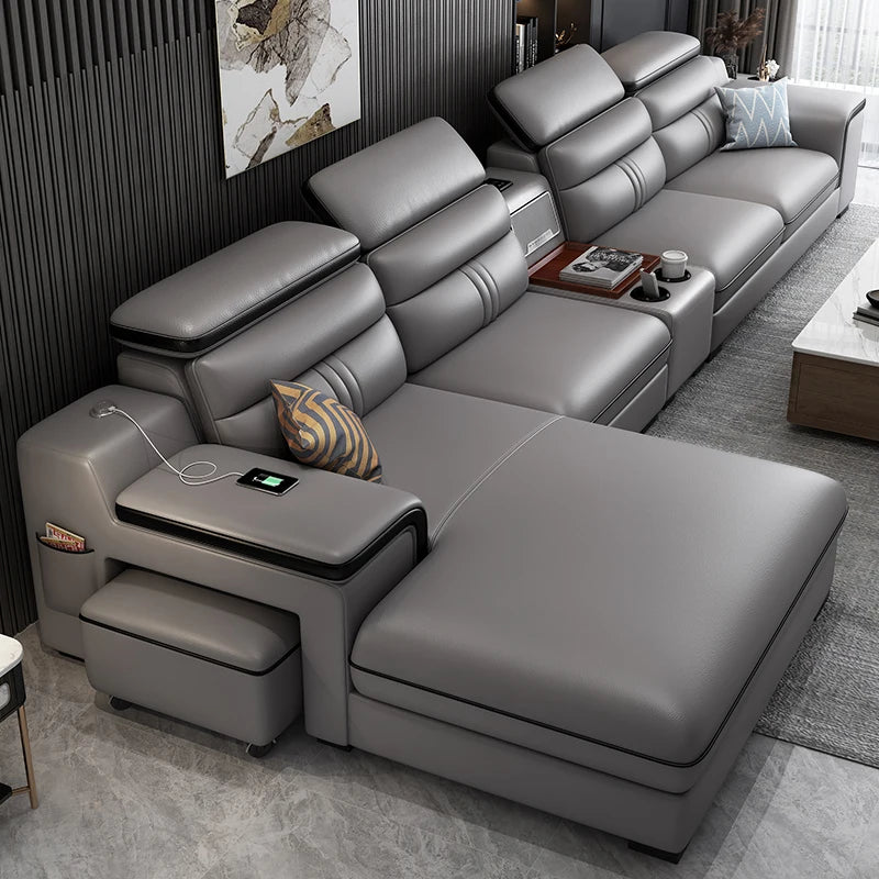 MINGDIBAO Leather Sectional Sofa Set with Cup Holder, USB, Adjustable Headrests &amp; Bluetooth Speaker Living Room Couch with Stool