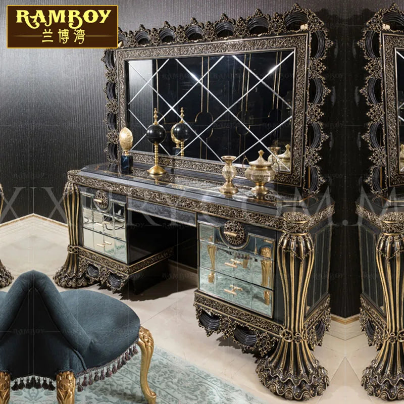 European style solid wood carved dressing table French makeup table all solid wood carved bedroom furniture custom