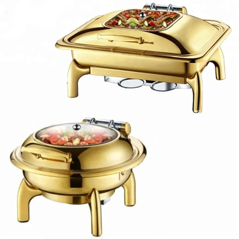 9L Catering Roll-Top Chafing Dish – Brass Plated Food Warmer with Window, Golden Color Buffet Furnace.