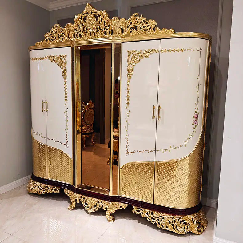 French Solid Wood Wardrobe – Luxury Villa Design, White Flat Doors, Hand-Painted Art with Gold Foil