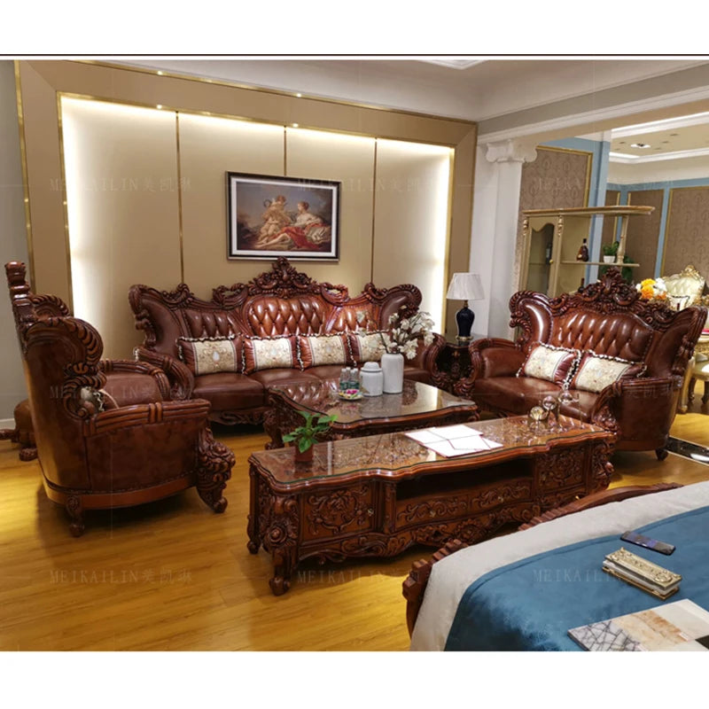 European-Style Leather Sofa: Luxury Imported Solid Wood, Double-Sided Carved, High-End Furniture for Villa Living Rooms