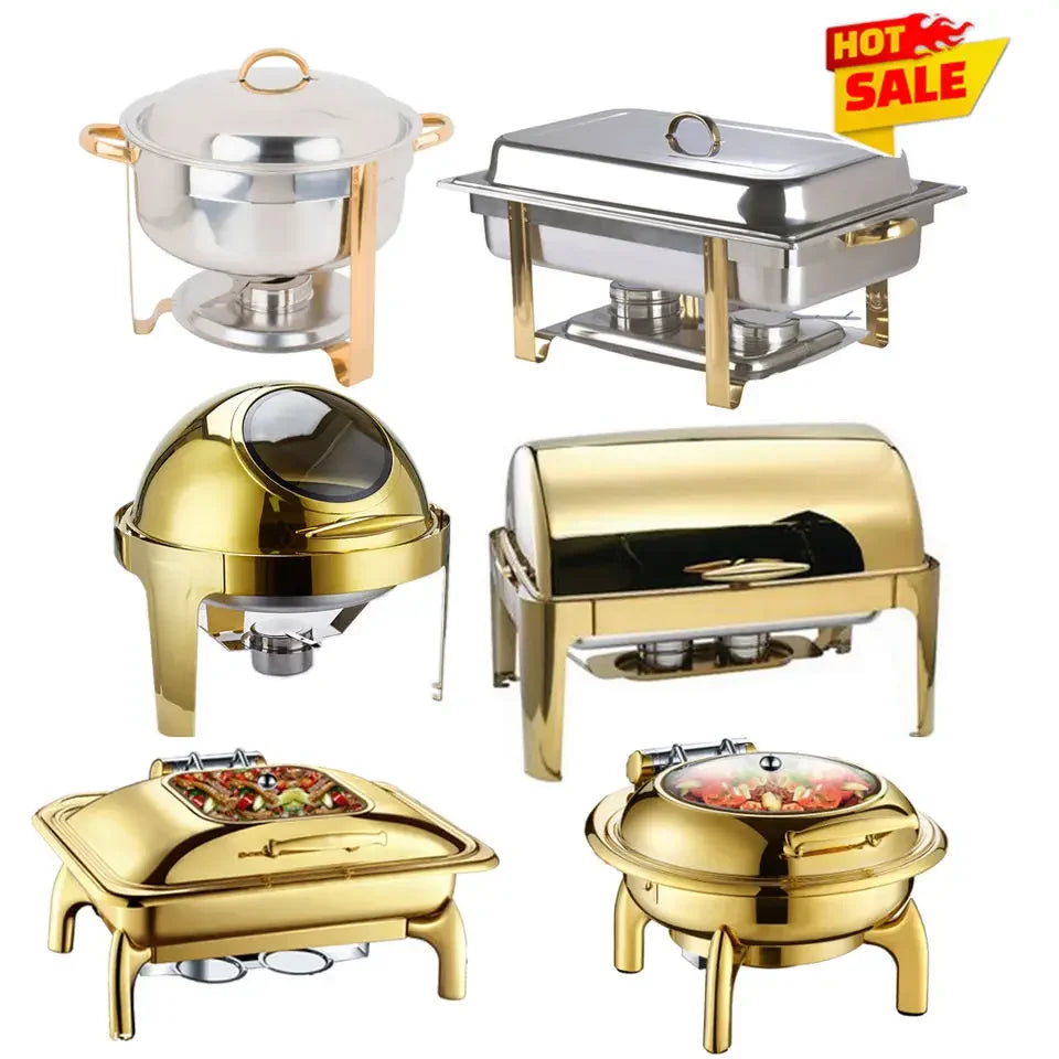 Large stainless steel high quality wedding party luxury glass buffet server food warmer chaffing serving chafing dish
