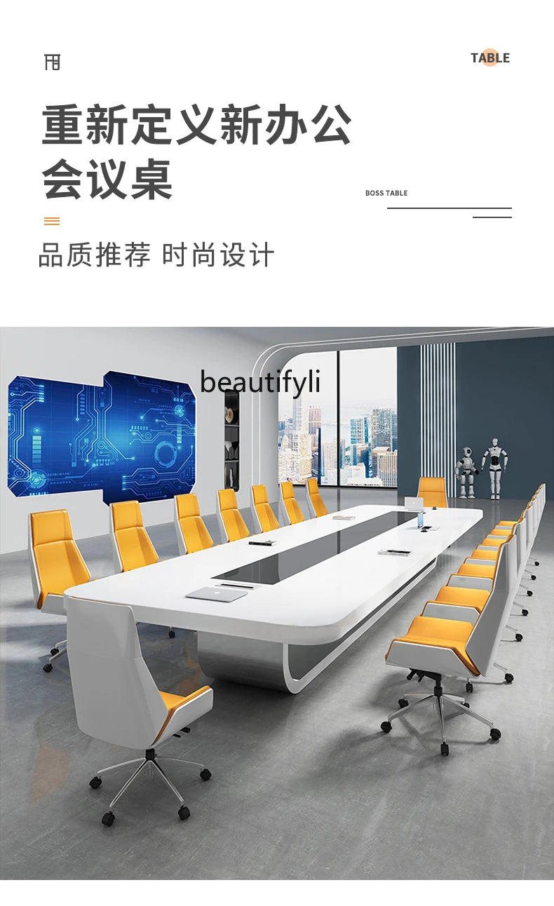 Simple and modern white large open conference table and chair combination training meeting room, painted conference table