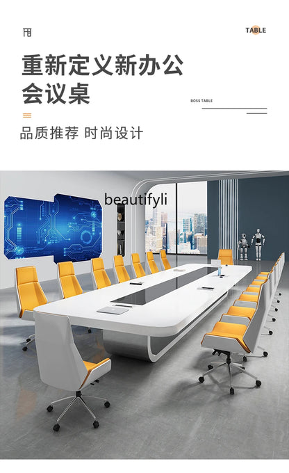 Simple and modern white large open conference table and chair combination training meeting room, painted conference table