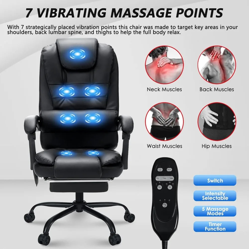 Office Chair, Recliner with Footrest, Ergonomic Computer Chair, Leather, Black, Office Chair.