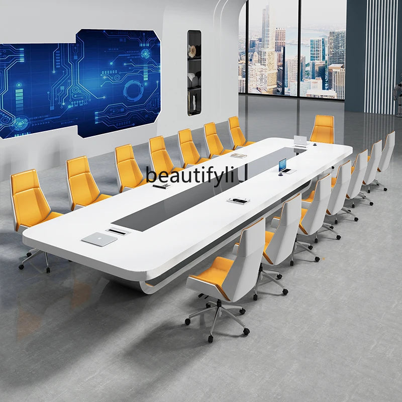 Simple and modern white large open conference table and chair combination training meeting room, painted conference table