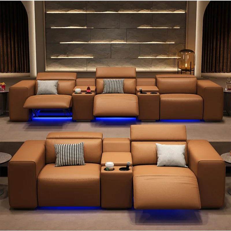 Private Home Theater Sofa Italian Style Light Luxury Leather Sofa Straight Row Space Functional Cabin Electric Sofa