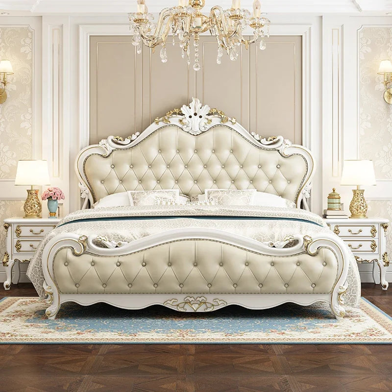 European King Size Double Bed in Luxury White Wood and Leather
