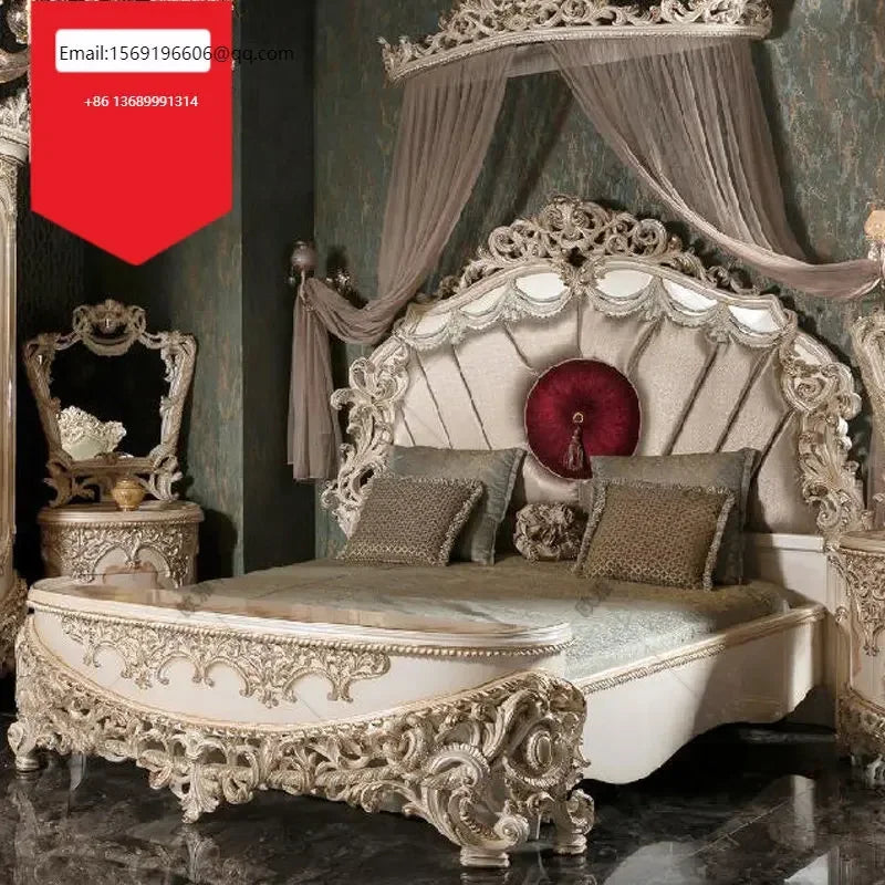 Custom European villa double bed, hand-carved from solid wood, featuring luxurious fabric