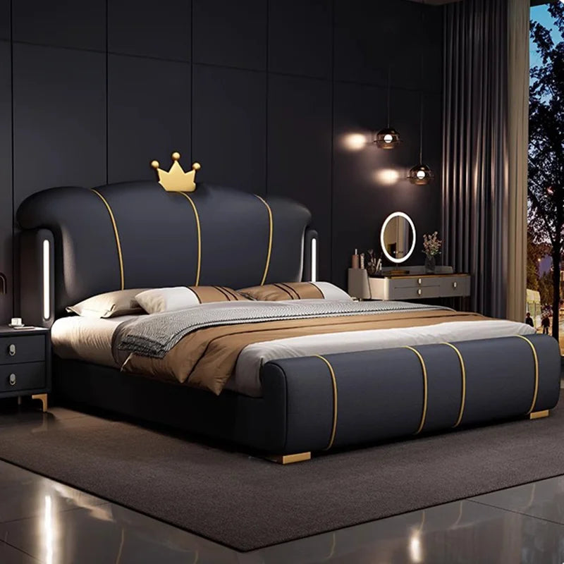 Pretty Luxury Double Bed Frame Elegant Italian Modern Leather Bed King Size Villa Cama Matrimonial Bedroom Set Furniture