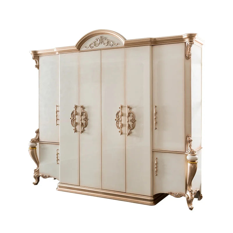 European Style Solid Wood Wardrobe – Carved, French Villa Design, Custom Classical Bedroom Furniture