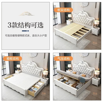 TuyaEuropean-style Double Bed Master Bedroom Solid Wood Bed Modern Simple Wedding Bed High Box Princess Bed