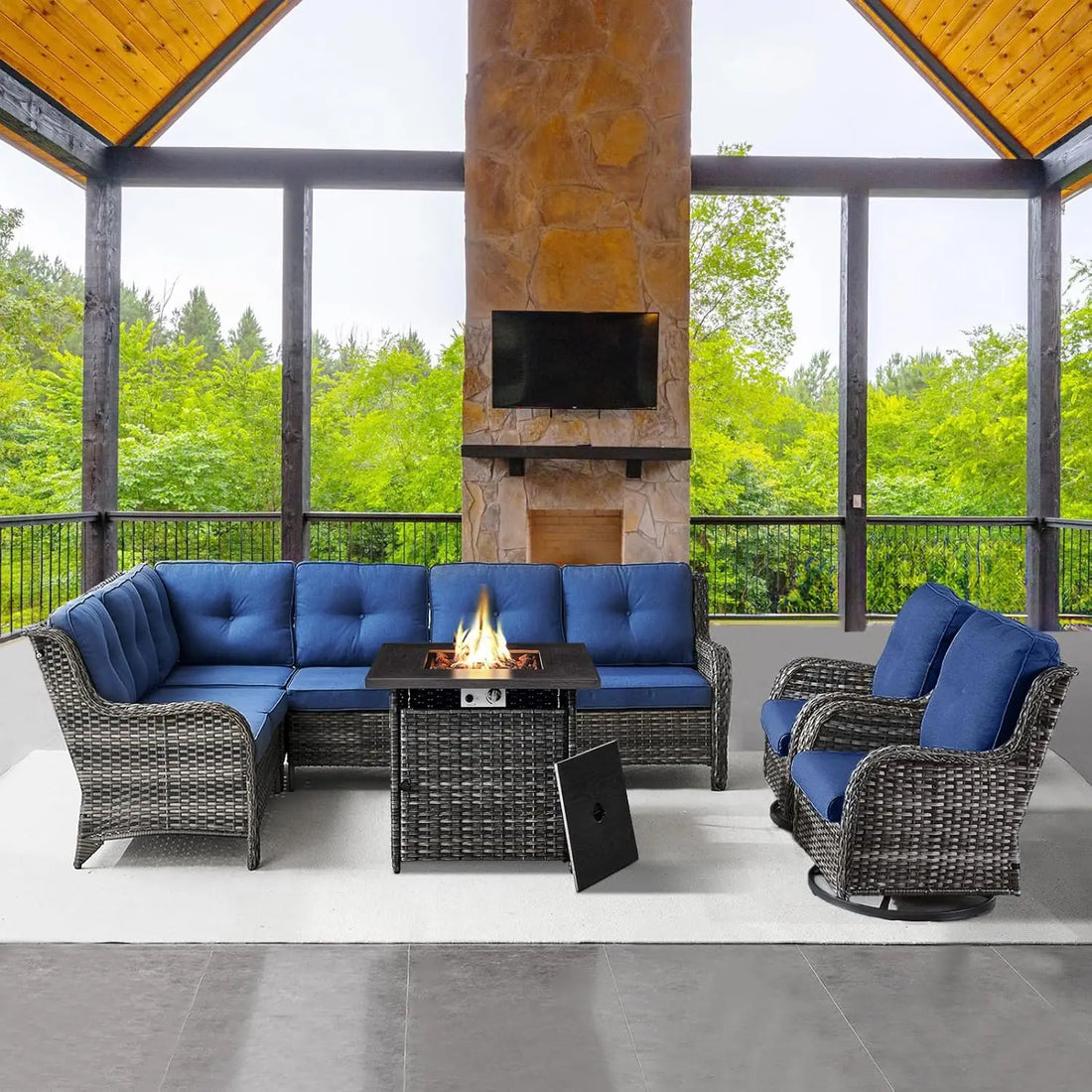 Swivel Glider Rocker Chairs with Blue Cushions, ideal for casual backyard gatherings.