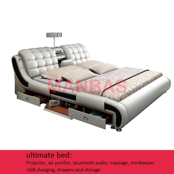 Multifunctional Bed Tech Smart Beds Ultimate Camas TATAMI Massage Lit Genuine Leather Bed with Audio,Projector, Air Purifier