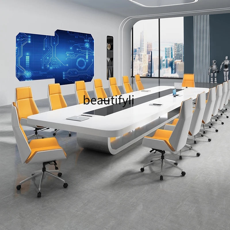 Simple and modern white large open conference table and chair combination training meeting room, painted conference table