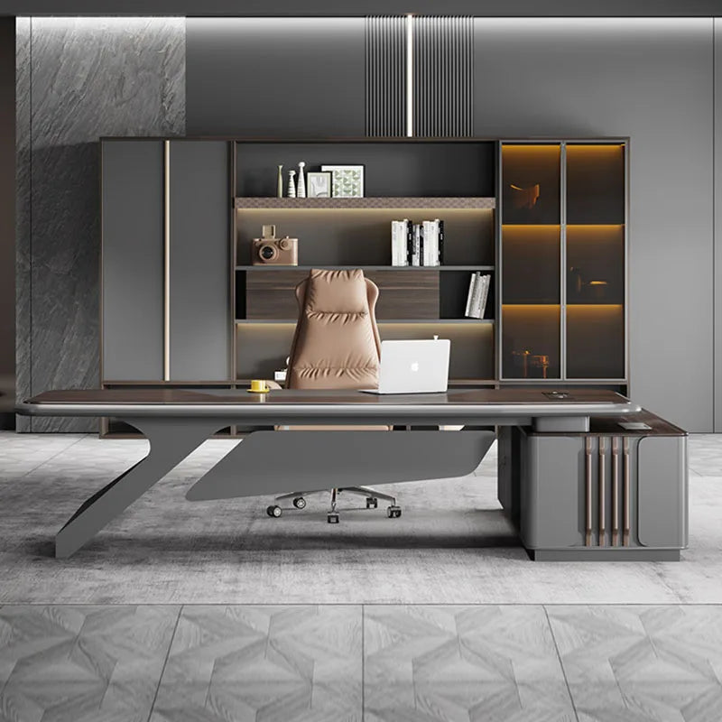 Modern L-shaped standing office desk with wooden drawers