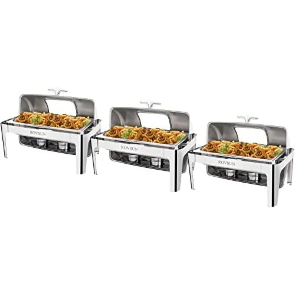 ROVSUN 9Qt Roll Top Chafing Dish Buffet Set, Stainless Steel Chafers for Catering, Rectangular Buffet Servers and Warmer