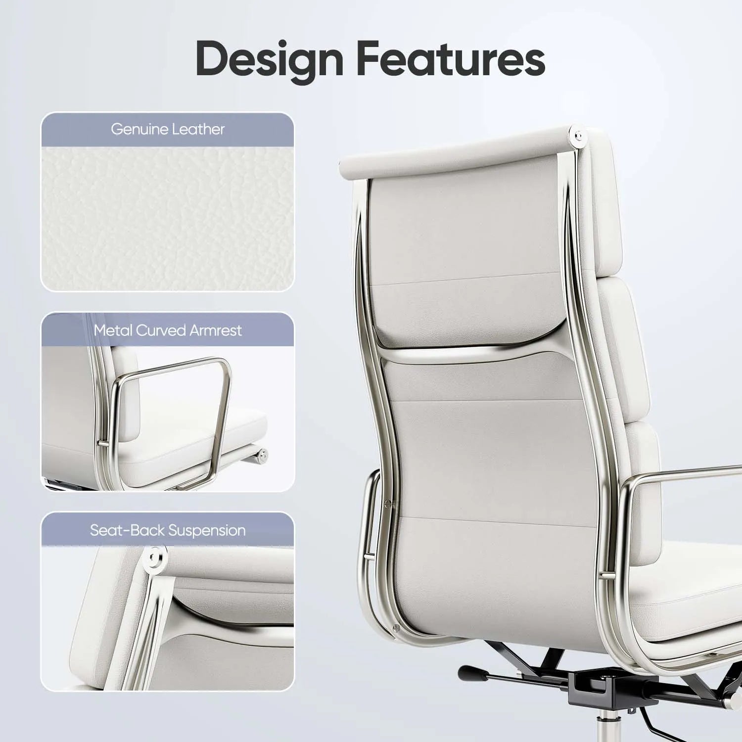 High Back White Office Chair Genuine Leather Executive Desk with Lumbar Support Ergonomic Computer Chair with Aluminum Arms