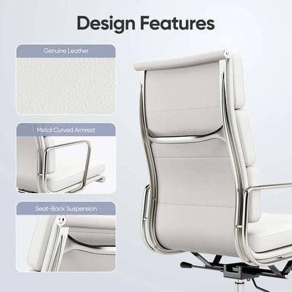 High Back White Office Chair Genuine Leather Executive Desk with Lumbar Support Ergonomic Computer Chair with Aluminum Arms