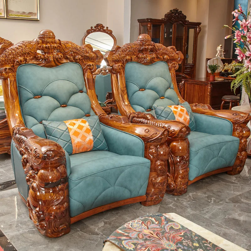 Style Genuine Cattlehide Leather Surface All Solid Wood Carved Villa Large and Small Apartment Type Living Room Set Furniture