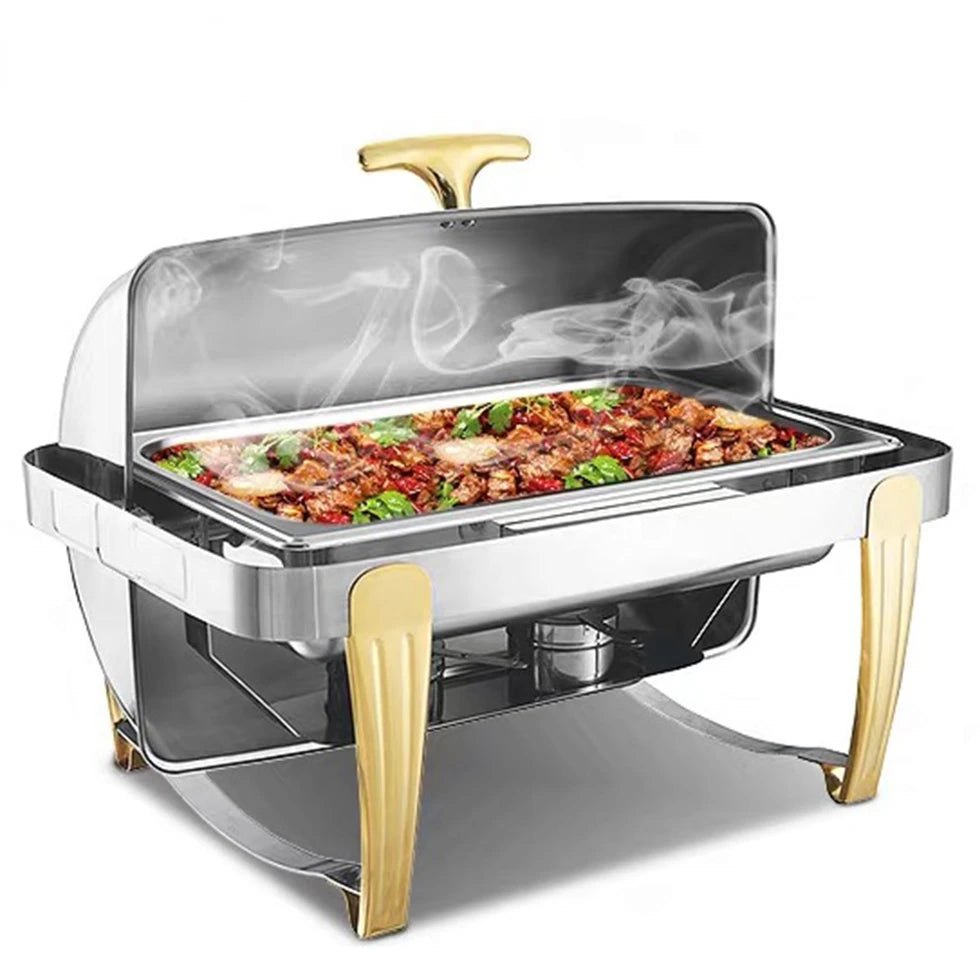 Hotel resort catering food golden round roll up chaffing dishes flip cover visible yellow gold roll top chafing dish buffet