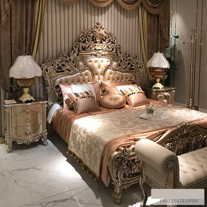 Palace French Baroque style leather double bed European style solid wood wedding bed neoclassical master bedroom king bed