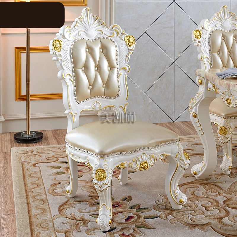 European-style White Gold-painted Solid Wood  Pink Dragon Jade Marble Long Leather Dining Chair  Diningroom Furniture