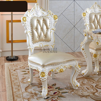 European-style White Gold-painted Solid Wood  Pink Dragon Jade Marble Long Leather Dining Chair  Diningroom Furniture