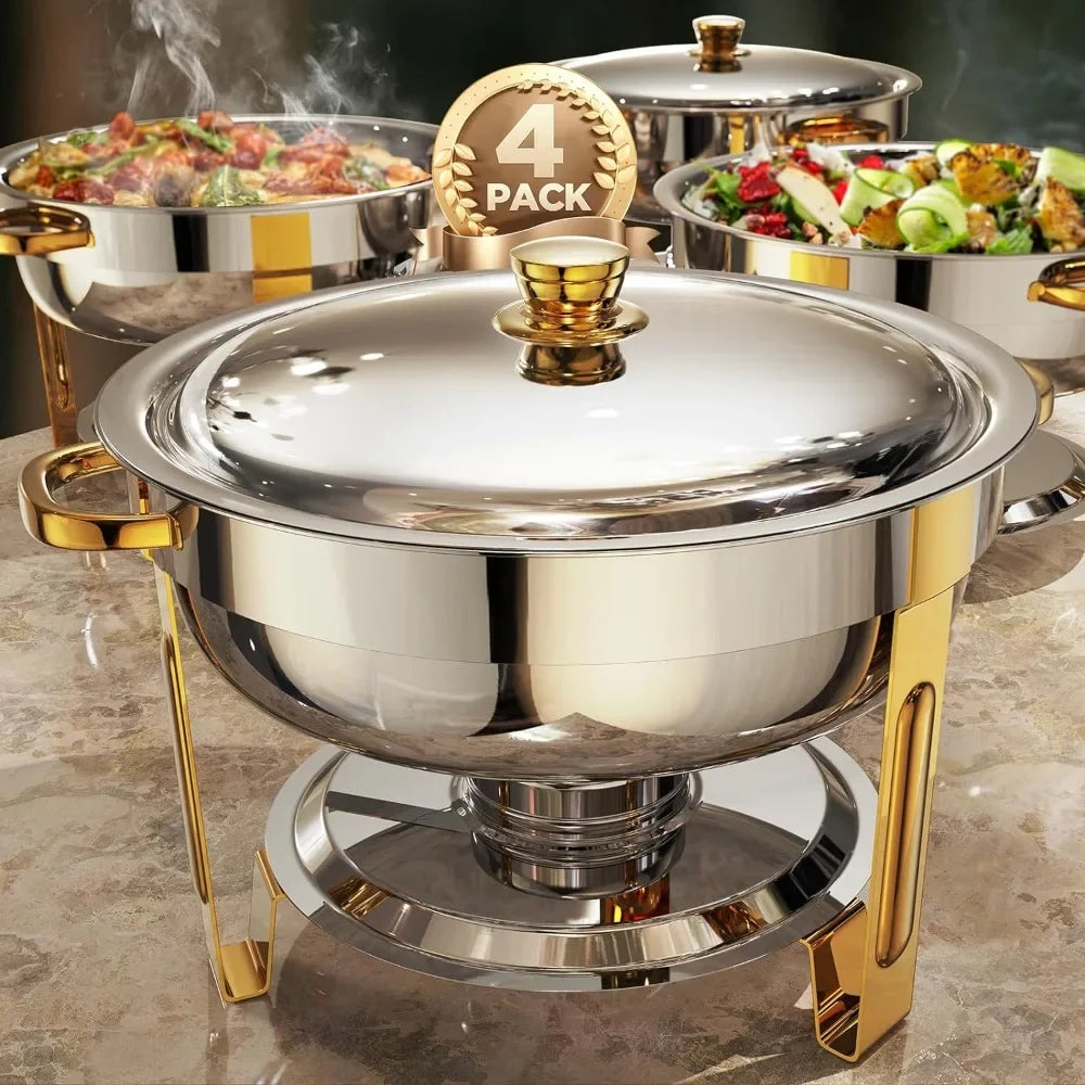 4-Pack 5QT Chafing Dishes for Buffet – Round Buffet Set in Elegant Gold and Silver, Easy Assembly.