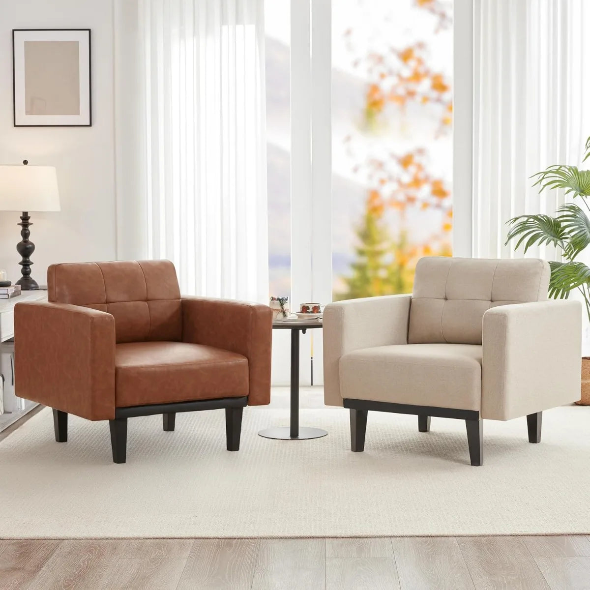 Leather Accent Chair Set of 2 with Wood Base &amp; Legs,Oversized Upholstered Single Sofa Chair, Comfy Living Room Armchairs