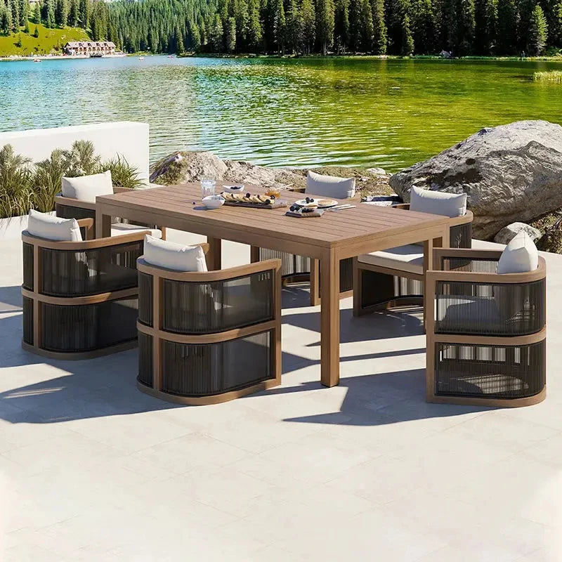 Outdoor Dining Table Woven Teak Table And Chairs Set Modern Solid Wood Anti-corrosion Waterproof High Grade Furniture