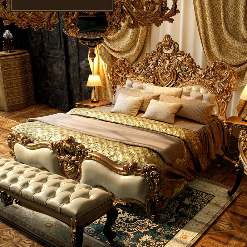 High quality Italian solid wood double bed French palace luxury princess bed villa leather bed customization bedroom set