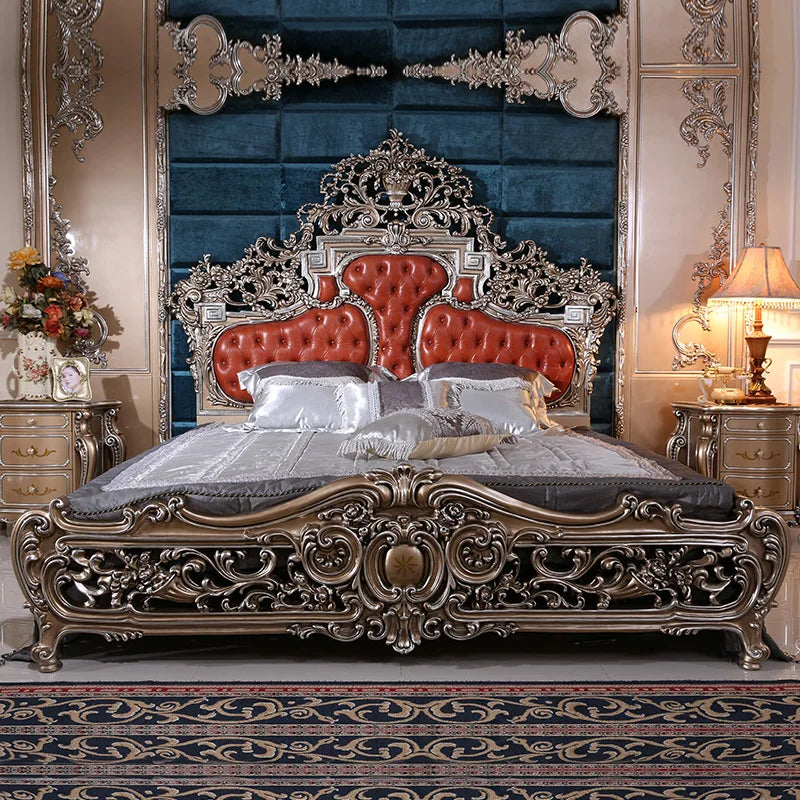 Palace French Baroque style leather double bed European style solid wood wedding bed neoclassical master bedroom king bed
