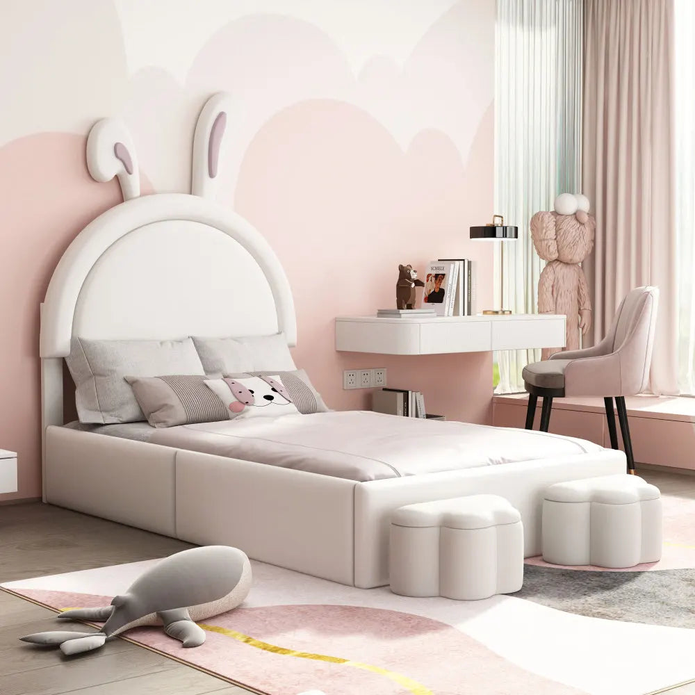 Upholstered Rabbit-Shape Bed with 2 Storage Stools, Velvet Platform Bed with Cartoon Ears Shaped Headboard, White Beds