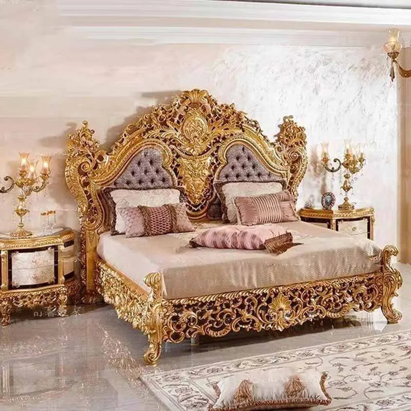 French solid wood carved double bed, European leather art princess bed, high-end customized 1.8-meter wedding bed